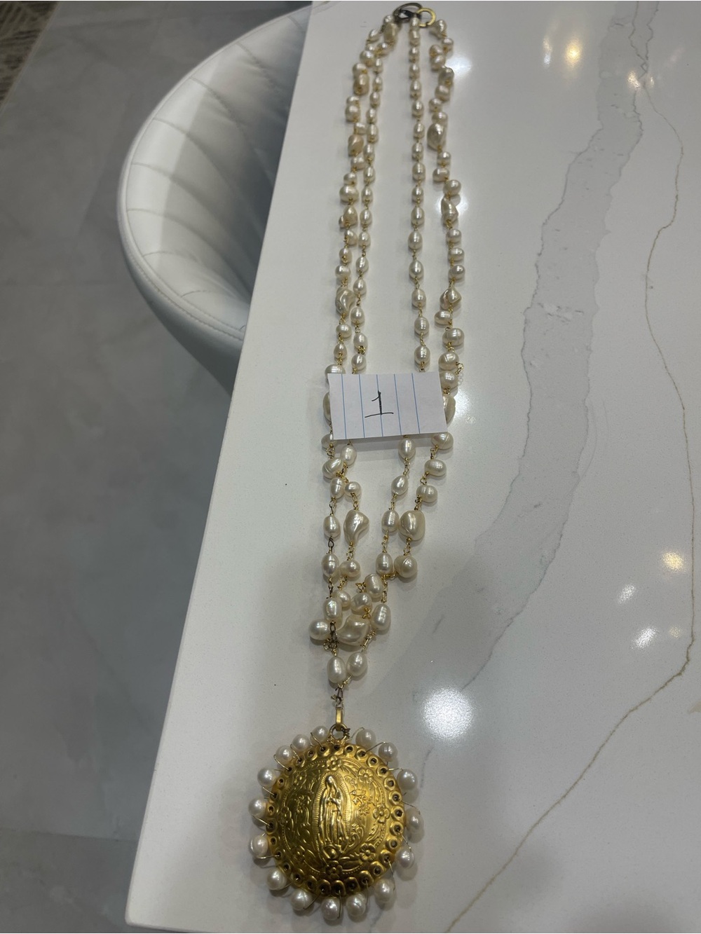 Gold Medallion Pearl Necklace - White Pearls